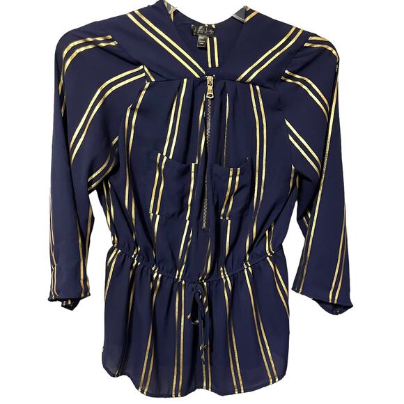 J FOR JUSTIFY LONG SLEEVE V-NECK ZIP FRONT TOP, WOMENS, XL, NAVY W/GOLD STRIPES - Picture 1 of 10